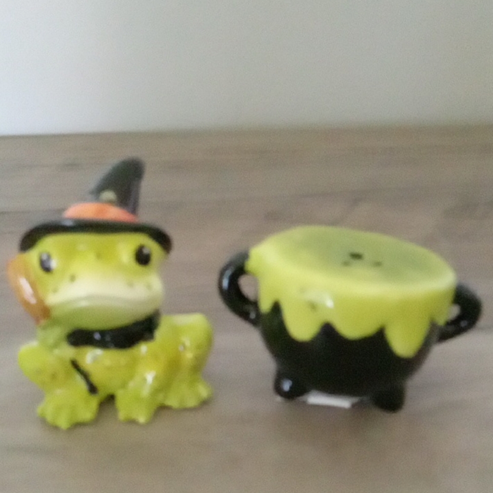 Frog Witch and Cauldron Halloween Salt and Pepper Shakers New